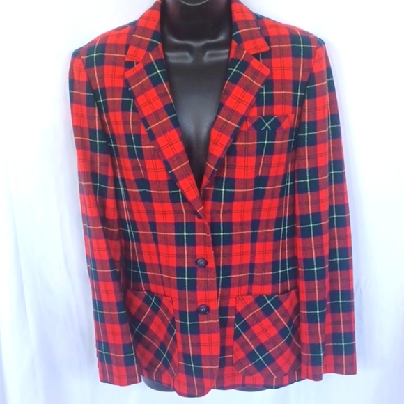 Pendleton Vintage Red Tartan Cunningham Plaid Blazer Jacket Sz 10 100% Wool - Picture 1 of 10